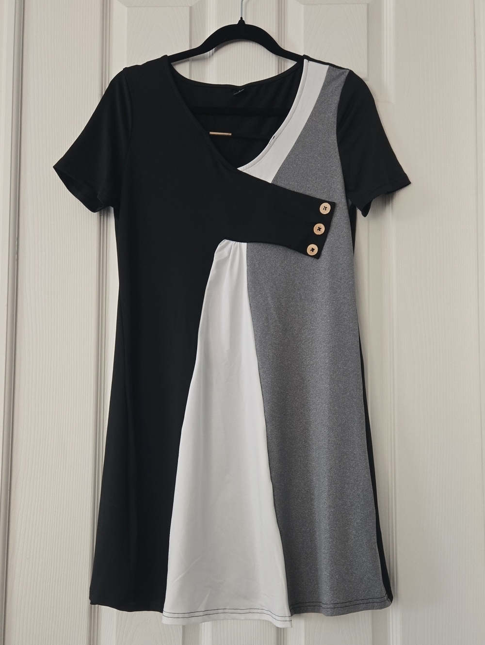 Colorblock Short Sleeve Mini Dress in Black, White & Gray with Button Accent